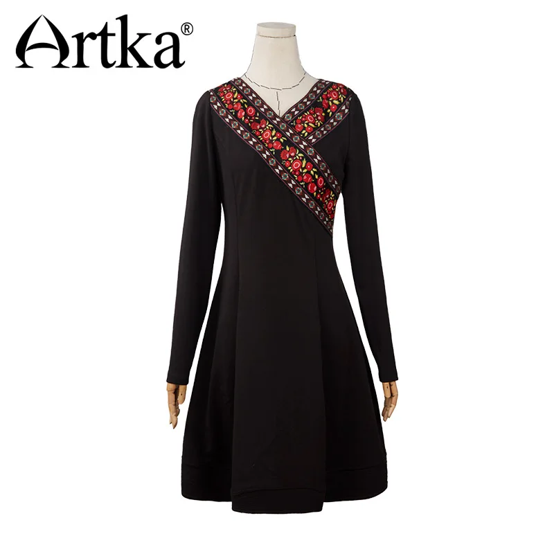 ARTKA винтажное женское платье осеннее платье с длинным рукавом женское черное платье с принтом женское элегантное платье для девочек LA10475Q