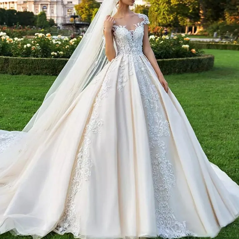 

Romantic Bridal Gown Appliques vestido de noiva Long Weding Gowns Saudi Arabia mariage A Line Bridal Dresses Tulle