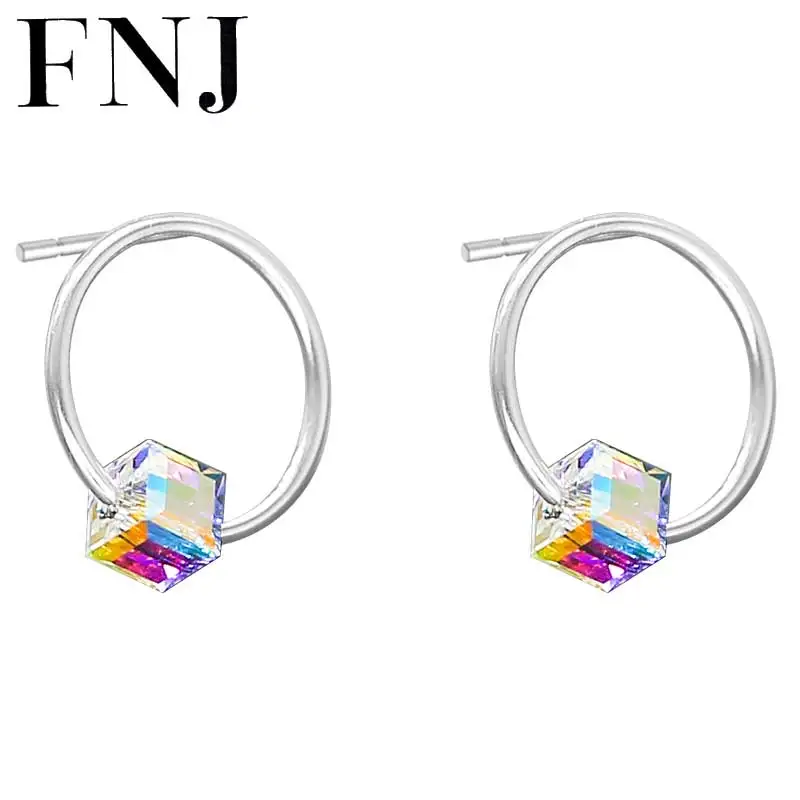 Женские серьги гвоздики FNJ круглые из серебра 925 пробы с кристаллами AAA 100% Серебро