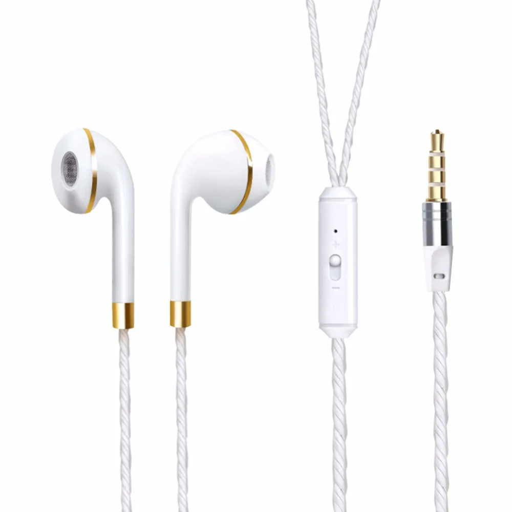 Golden White Color Wired Stereo Sound Effect Volume Control Earphone