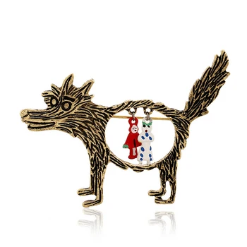 

Fashion Vintage Alloy Brooch Unisex Golden Timber Men Women Brooches Shirt Jewelry Big Wolf Little Red Riding Hood Pins