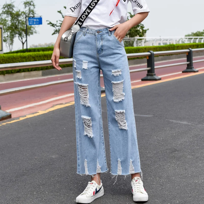 

Brand Pants Female 2019 Ripped Distressed Ankle Denim Casual Jeans Women Loose Washed Cotton pants Streetwear Blue Plus Size