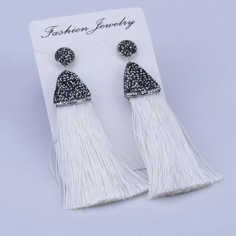 

Boho Pure White Chunky Silk Thick Tassel with Blak Rhinestone Cap Charm Studs Top Long Dangle Tassel Earrings For Women