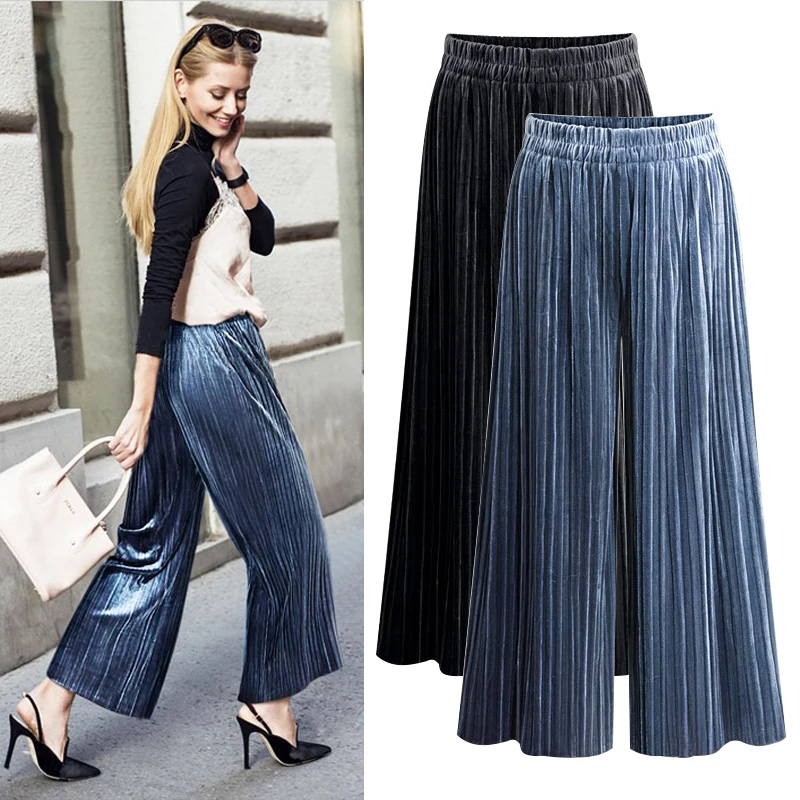 New Female Loose Streetwear High-Waist Wide Leg Pants 2019 Ankle Length Trousers Plus Size 6XL Women Casual Pleated Velvet Pants maxdutti trousers women england simple fashion navy pleated casual ankle suit pants women pantalones mujer pantalon femmesets