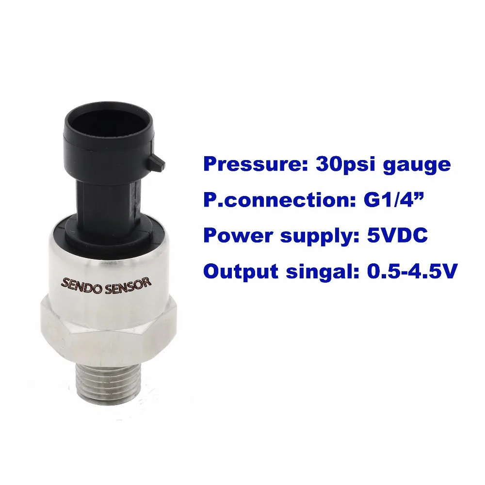 

pressure sensor 30 psi/2 bar gauge, water air transmitter pression, 0.5 4.5V output, 316L diaphragm, G 1 4 in thread