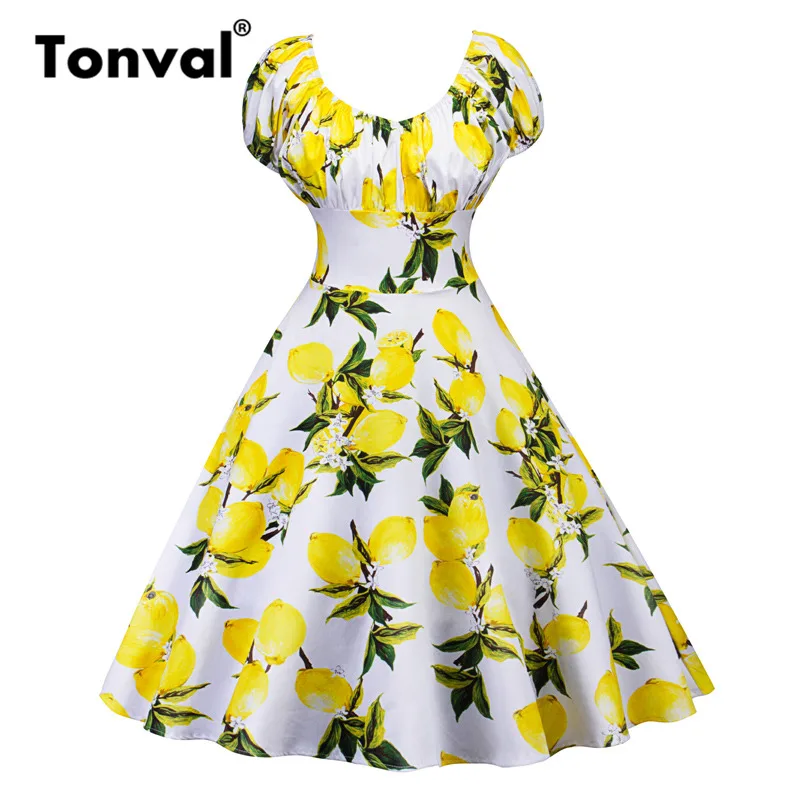 

Tonval Vintage Style Lemon Print 1950s Dress Women Ruched Elastic Bust Yellow Dress Cap Sleeve A Line Dresses