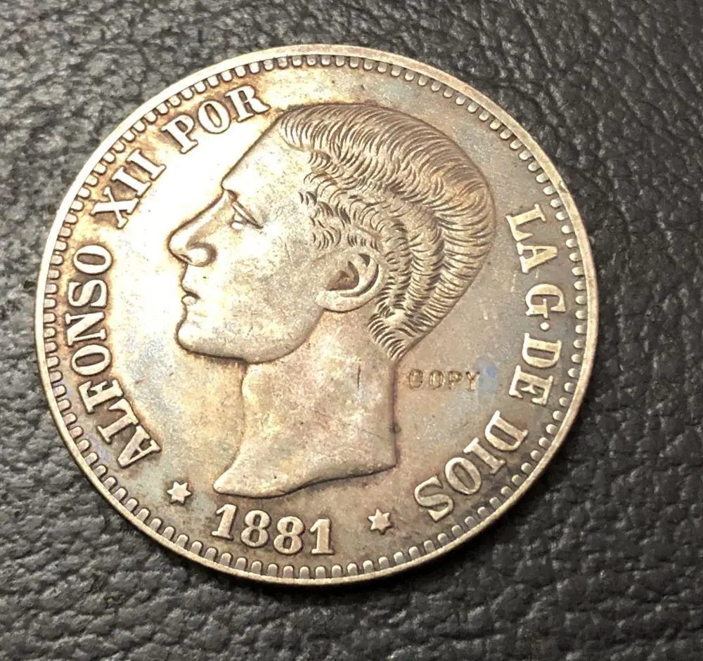 

1881 Spain 5 Pesetas-Alfonso XII 2nd portrait Copy Coin