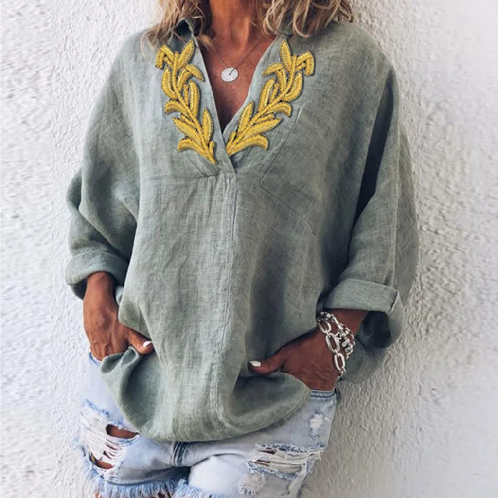 

Women Casual Loose Blouse Summer Top Bohemia Print V-Neck Applique Cotton And Linen Solid Shirt Tops Summer Blouse Shirts 2019