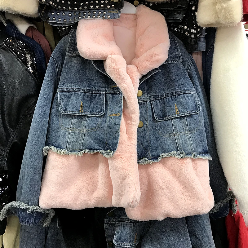 Winter Removable Fur Denim Jacket winter woman Coat Rabbit Fur Warm Parka Women Thick Jean Jacket Women Warm Windbreaker
