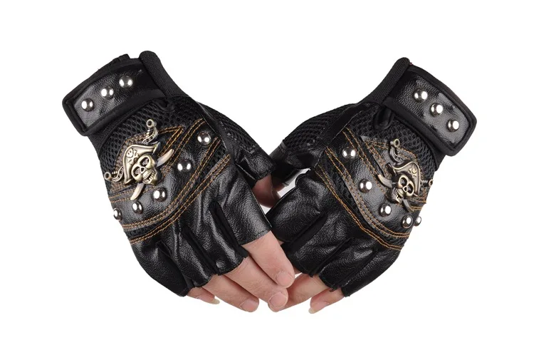 Летние модные перчатки с черепом, перчатки из искусственной кожи с полупальцами, гоночные перчатки с пиратским черепом и заклепками в стиле панк, велосипедные перчатки для мужчин