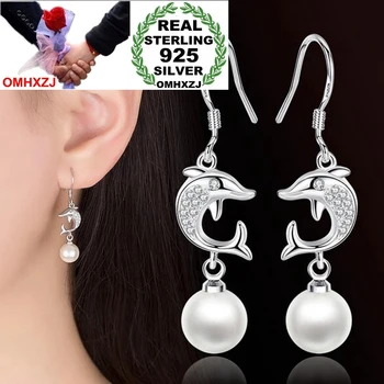 

OMHXZJ Wholesale Fashion Elegant OL Woman Girl Party Gift Dolphin ABS Shell Pearl Zircon 925 Sterling Silver Drop Earrings YS451