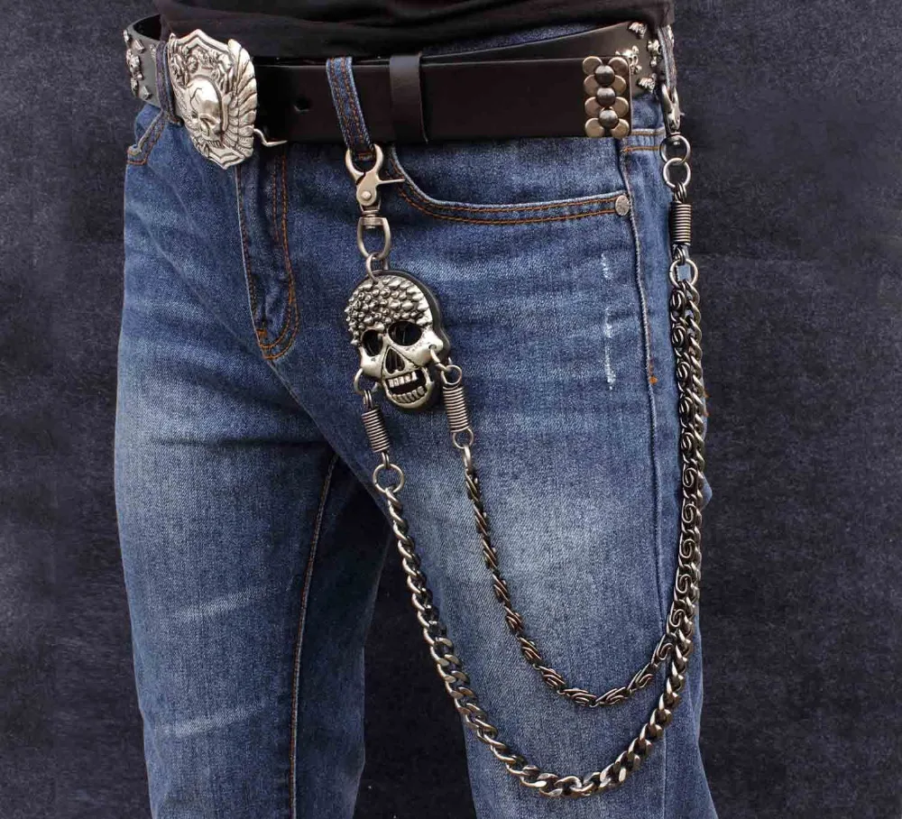 

Mens Double Chain Skull Logo Biker Trucker Punk Keychain Key Jean Wallet Chain YL-38