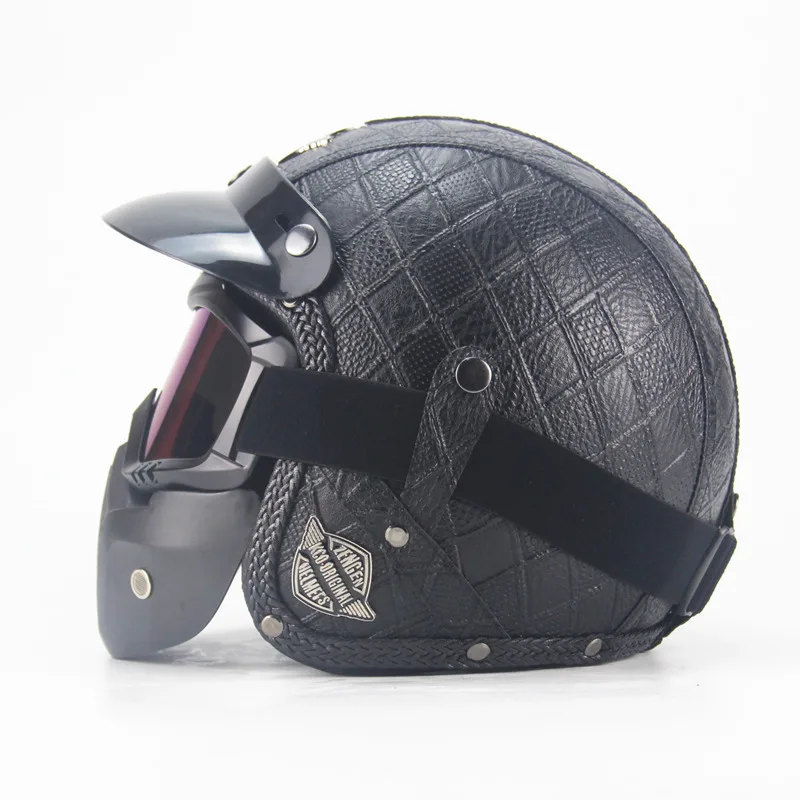 Шлем из искусственной кожи с открытым лицом, мотоциклетный шлем, винтажный мотоциклетный головной убор, шлем Casco - Цвет: lin ge black 3