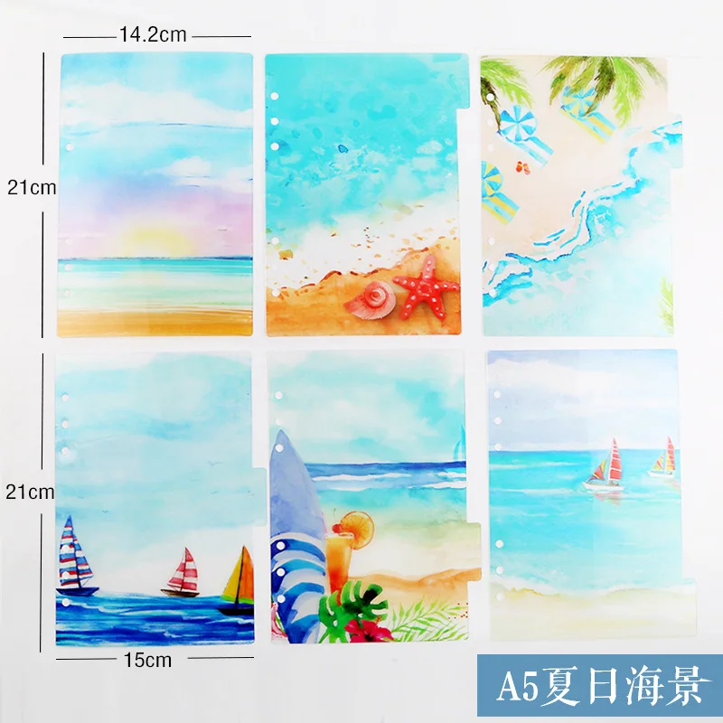 6pcs/set A5/A6 6 Holes PP Summer Sea Scenery Notebook's Index Page