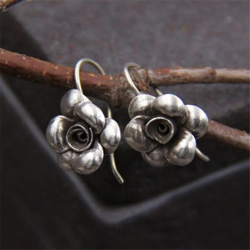 JINSE Real 925 Sterling Silver Earrings Vintage Thai Rose Flower Pure Handmade Bangkok Silver Jewellery Boutique 12*14MM