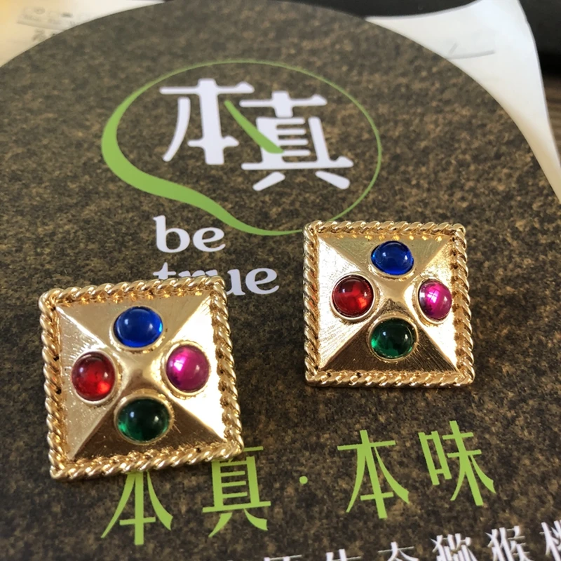 

Free Shipping Exquisite Square Mixed Color Stone Geometric Stud Sweet Earring