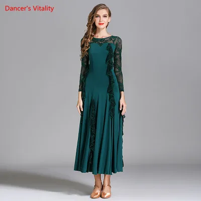 Бальное танцевальное платье для взрослых женское кружевное платье с длинными рукавами и рюшами большие свинг-платья для женщин Танцы Вальс Танго тренировочные костюмы - Color: Green