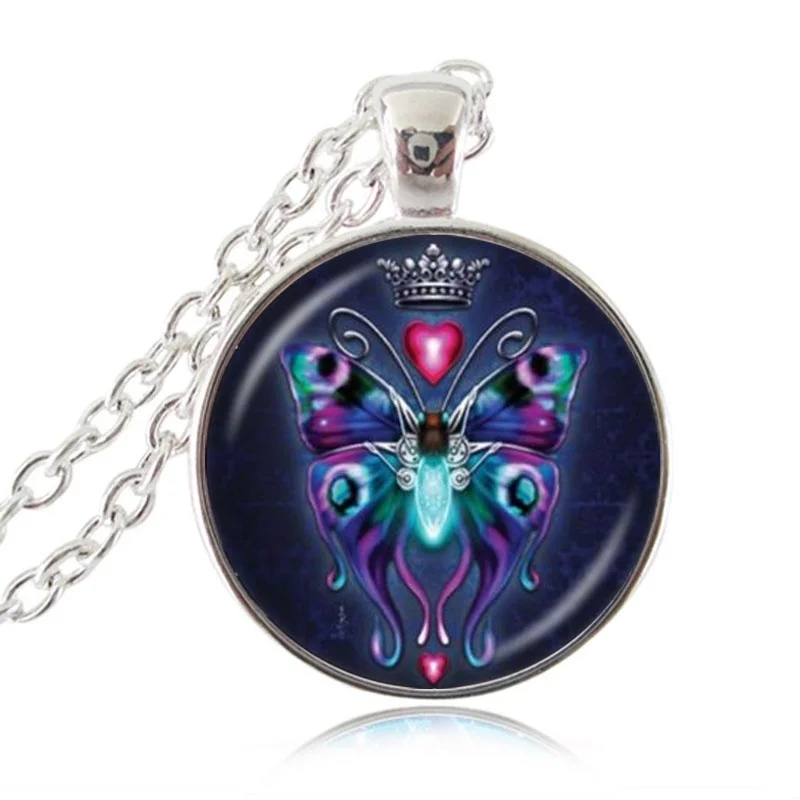 

Butterfly Necklace Steampunk Pendant Heart with Crown Photo Jewelry Glass Cabochon Dome Statement Necklace Sweater Accessory