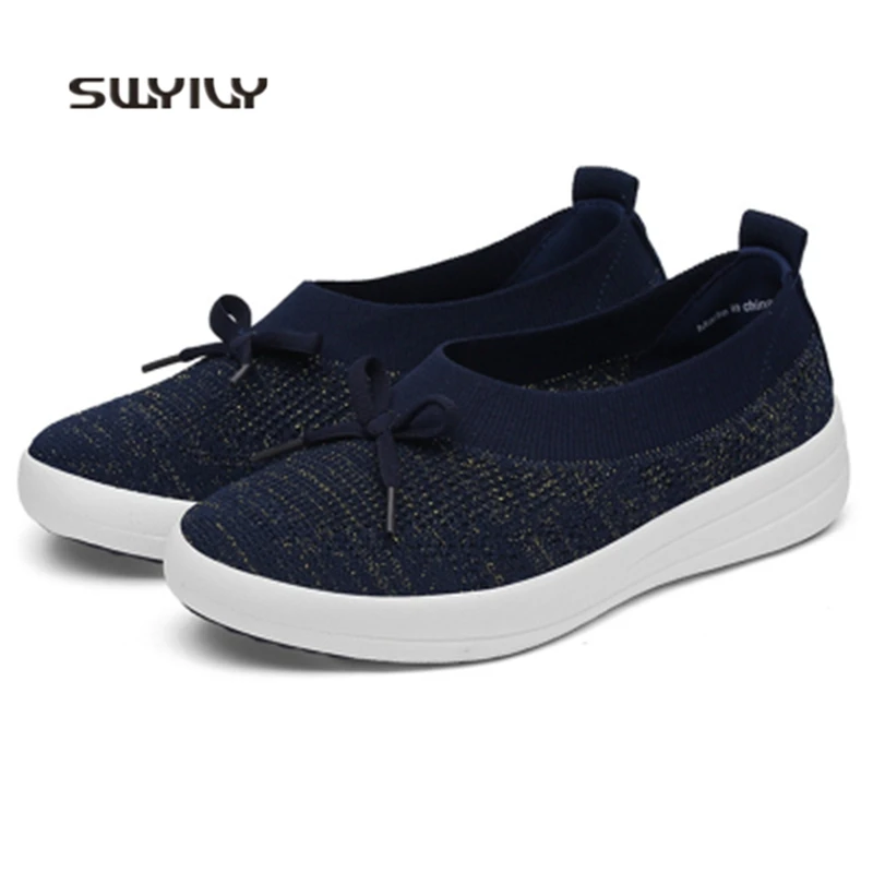 SWYIVY 2018 New Flat Heel Sneakers Women Anti-slip Breathable Lazy Shoes Women Sport Running Shoes Slip-on Female Bow-knot Shoe