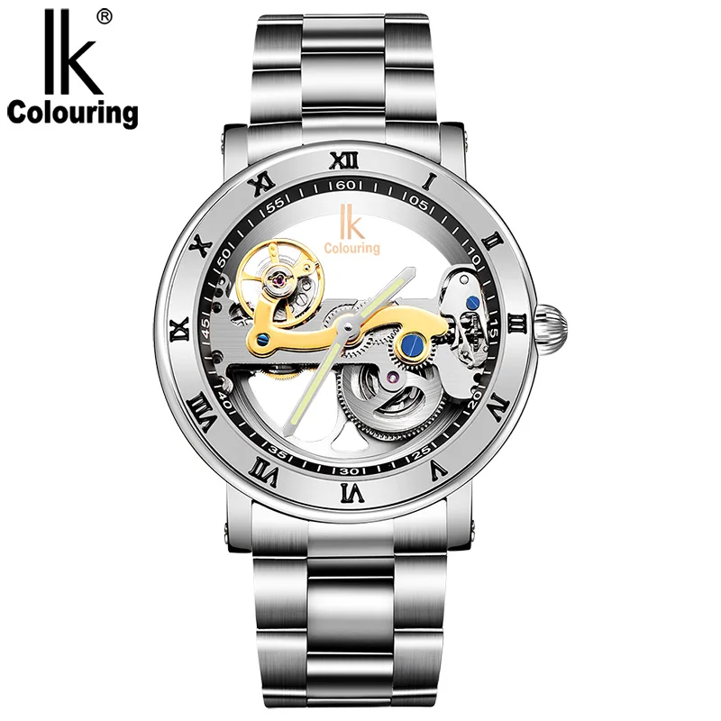 IK colouring Man Watch 5ATM Waterproof Luxury Transparent Case Stainless Steel Band Male Mechanical Wristwatch Relogio
