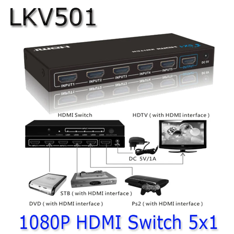 

New LKV501 3D 5x1 HDMI Switch With Remote Control HDTV 1080P, 5-In And 1-Out Keycube