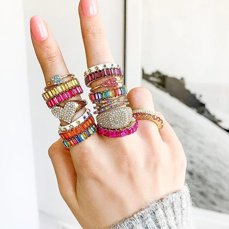 

FASHIONSNOOPS 2019 Korean Crystal Rings Gold Color Full Cubic Zirconia Colorful Ring Jewelry For Women Jewelry Accessories