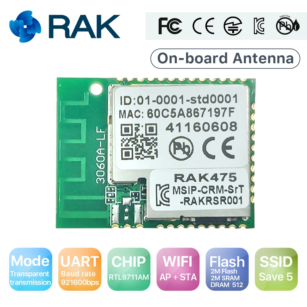 

RAK475 Low Power UART Serial to WIFI Industrial Module AP STA Mode Wireless IoT Module Internal Antenna CE FCC kCC Certify Q115