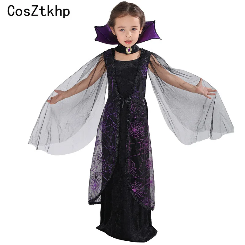 

CosZtkhp 2019 Purple Spider Vampire Cosplay Girls Halloween costume for kids Lace Cape Long Dress Carnival Party Queen Collar