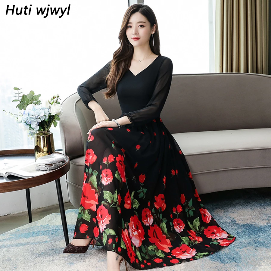 

2019 Vintage Long Sleeve Beach Maxi Dresses Autumn Winter 3XL Plus Size Floral Chiffon Dress Elegant Women Bodycon Party Vestido