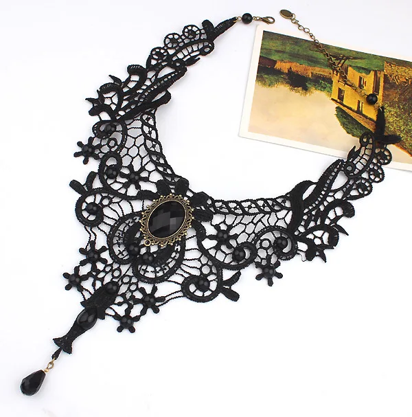 Модное нео-готическое кружевное ожерелье s черное ожерелье с каплевидными Кристаллами Ожерелье полые кружева тесьма с цветочным принтом ожерелье s для женщин ювелирные изделия
