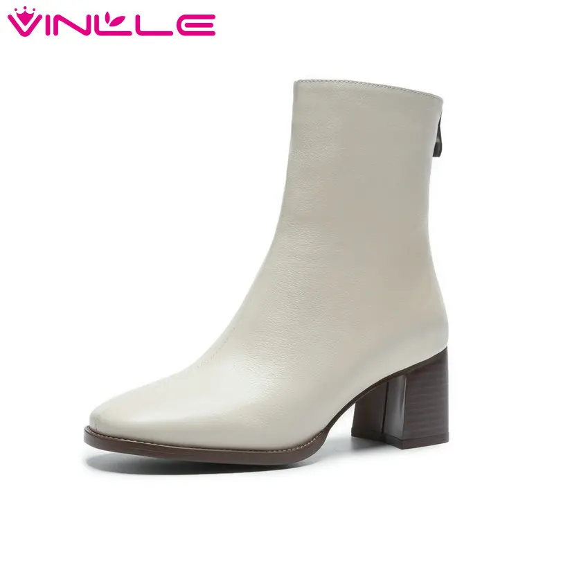 

VINLLE 2019 Women Shoes Ankle Boots Zipper High Heels Genuine Leather Pointed Toe Winter Woman Motorcycle Shoes Size 34-40
