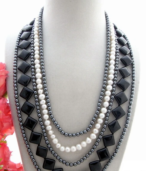 

ddh003516 5Strds Pearl&Onyx&Hematite Necklace