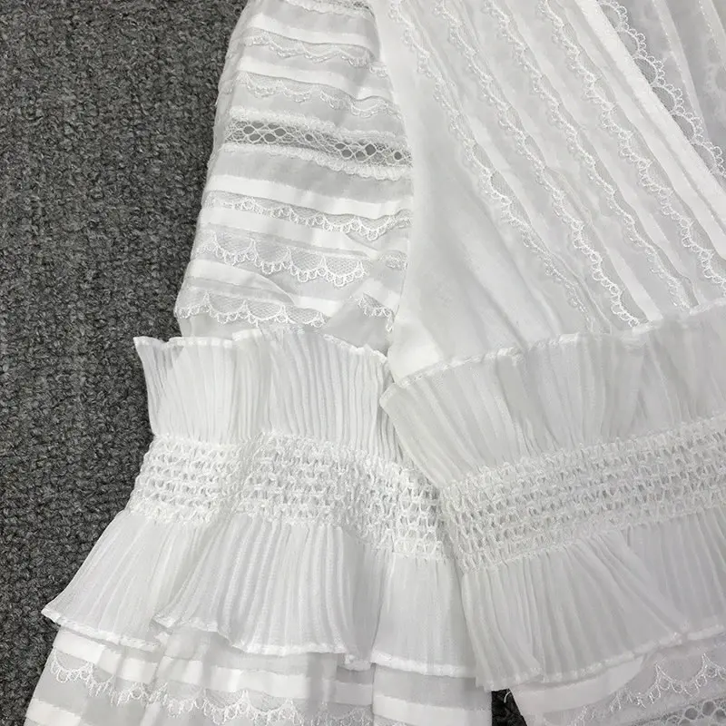 XITAO Sexy Deep V Neck Tiered Ruffles Patchwork White Lace Dress Women Brand Designer Lantern Sleeve Short Dress Bodycon WLD1781