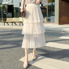 Летняя плиссированная юбка Женский каскадные сетки Пышная юбка до середины икры Модные Высокая талия принцесса юбки для женщин леди TSK933