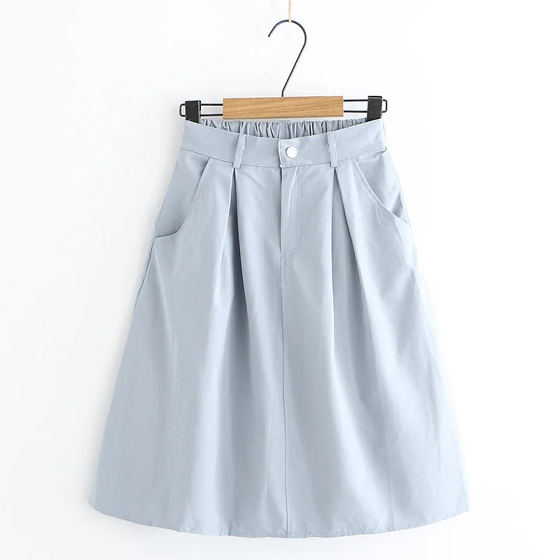 

Women Simple Solid Color Cotton Skirts Preppy Style Elastic High Waist Thin Double Pockets A-line Female Spring Elegant Skirt