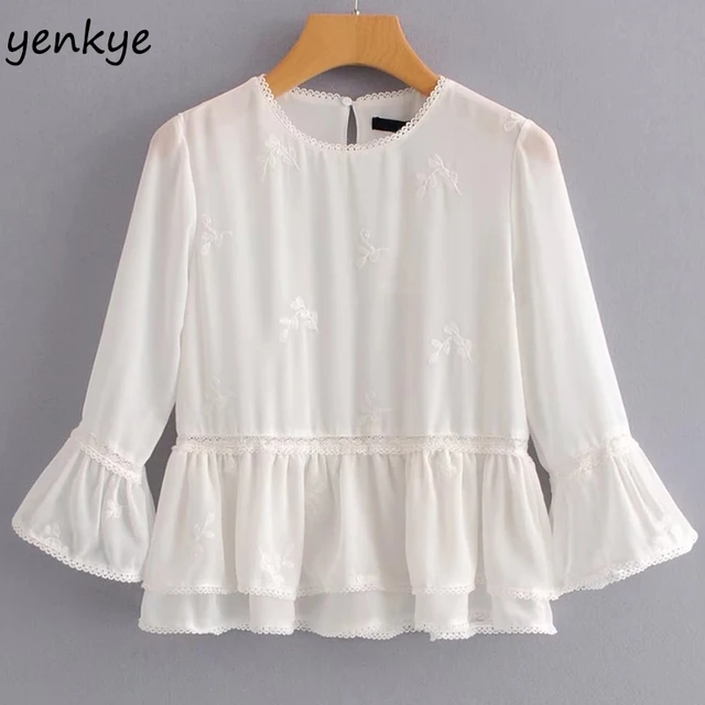Fashion Women Romantic Flowy Top White Blouse O Neck Flare Sleeve