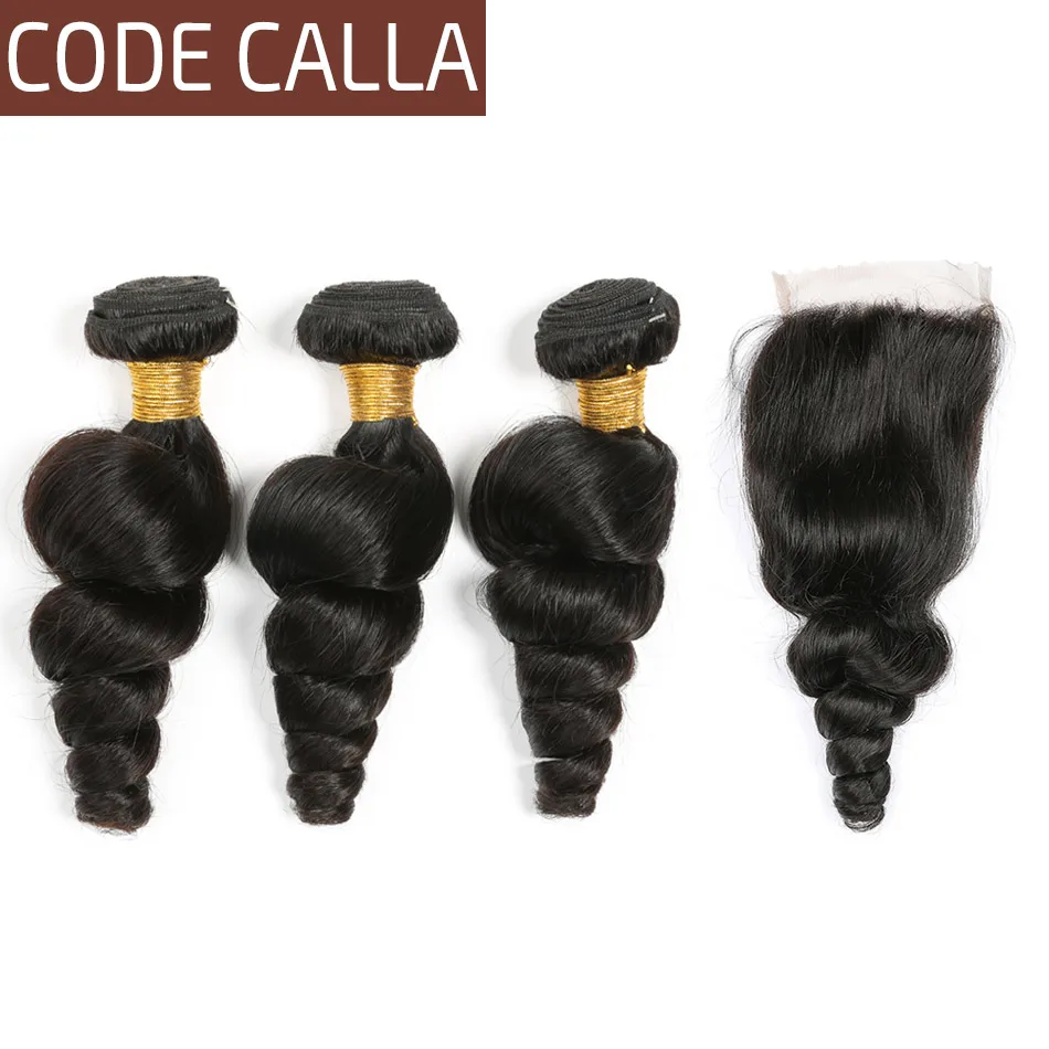 

Code Calla Loose Wave Three Bundles With Lace Closure 100% Peruvian Raw Virgin Salon Human Hair Extensions Natural Black Color
