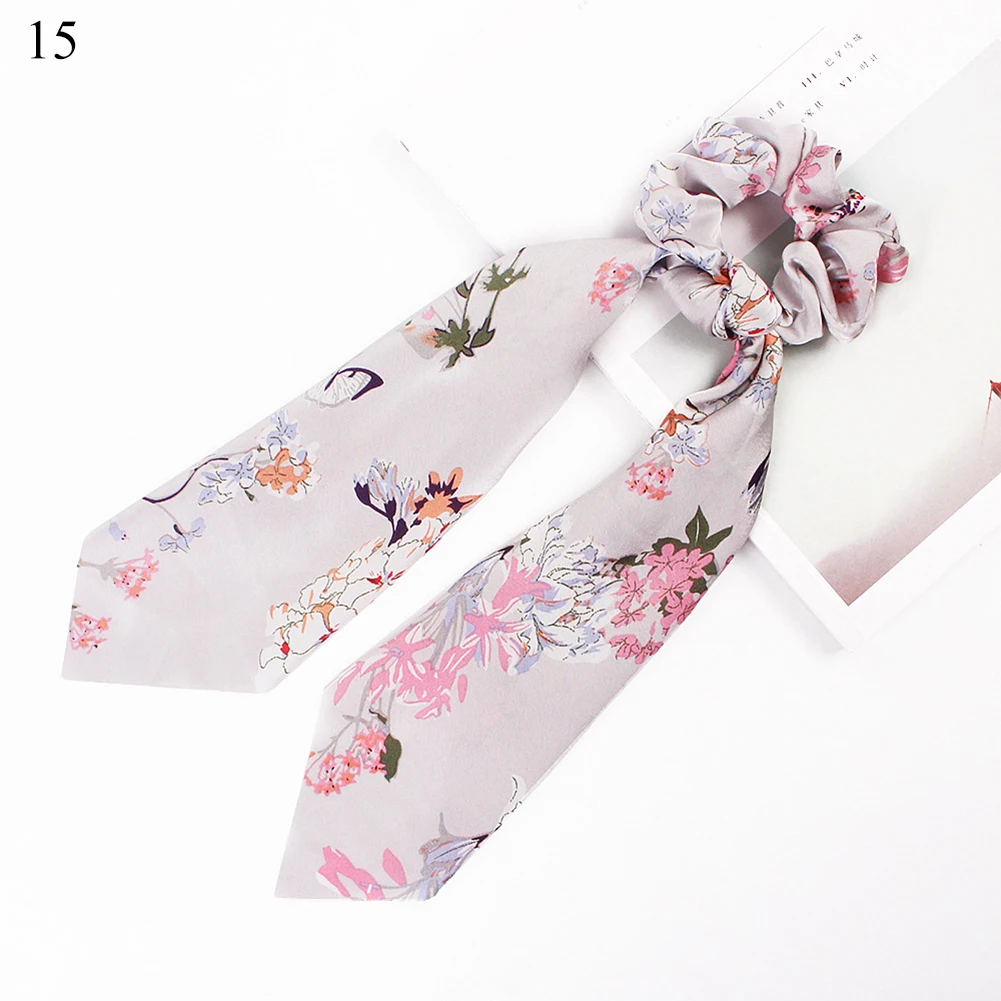 hair band for ladies DIY Solid/Floral Print Bow Satin Long Ribbon Ponytail Scarf Hair Tie Scrunchies Women Girls Elastic Hair Bands Hair Accessories black head scarf