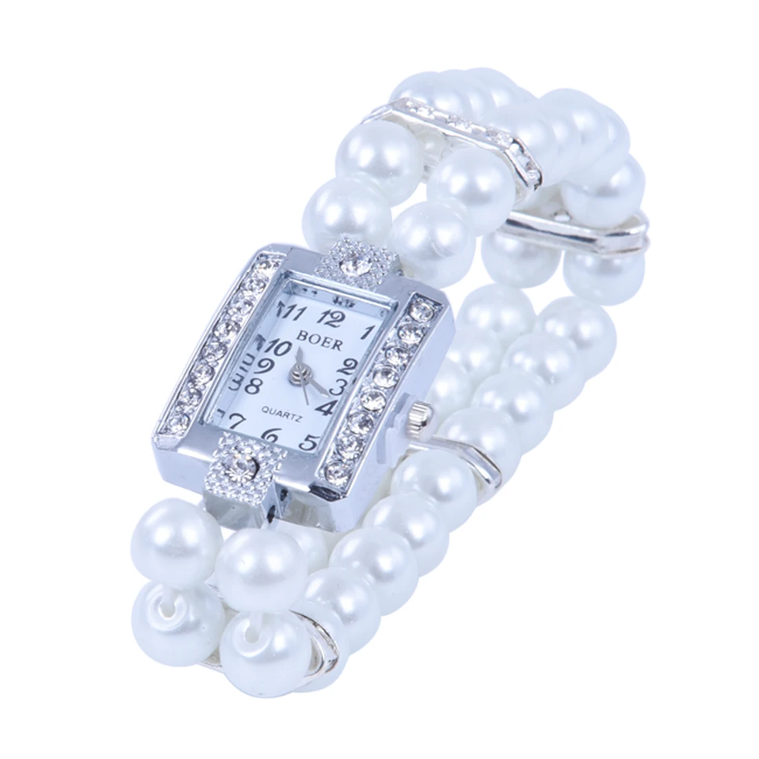 Metal Pearl Crystal Bracelet Bangle Stretch Square Dial Wristwatch Wrist Watch