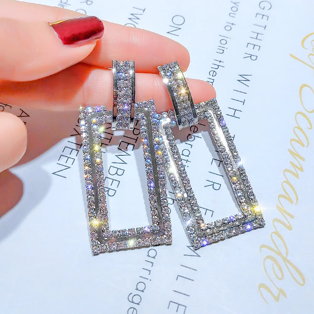 

Female Big Geometric Earrings Luxury Silver Gold Color Stud Earrings For Women 2019 New Fashion Double Crystal Earrings