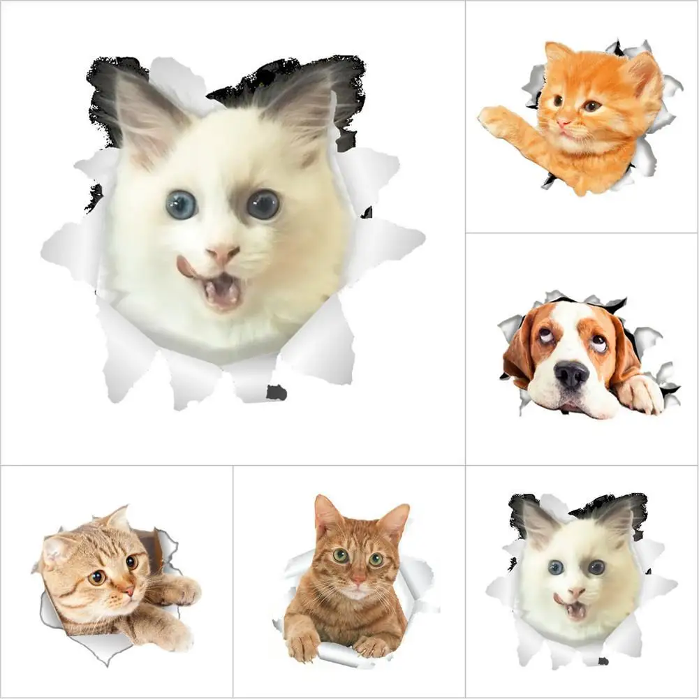

3D Wall Sticker Broken Wall Kitten Puppy Pattern Wall Decorative Sticker Cartoon Toilet Sticker Household Adornment