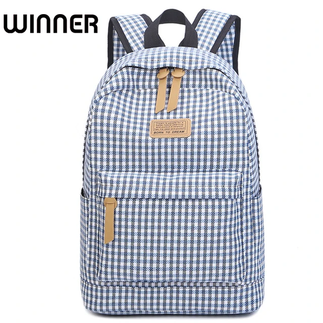 Winner Brand Fashion Plaid Printing Canvas Backpack for Teenage Girls