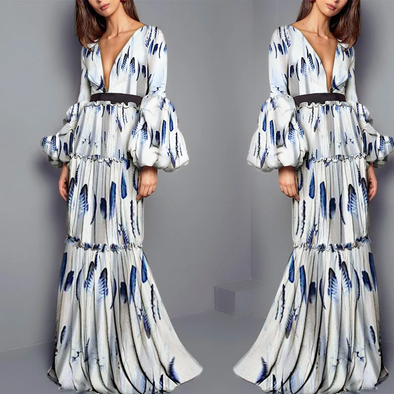 

Floral Printed Dress to the Floor Woman Dress 2019 Spring Summer Lantern Sleeve Loose Boho Maxi Dresses Button Summer Vestido