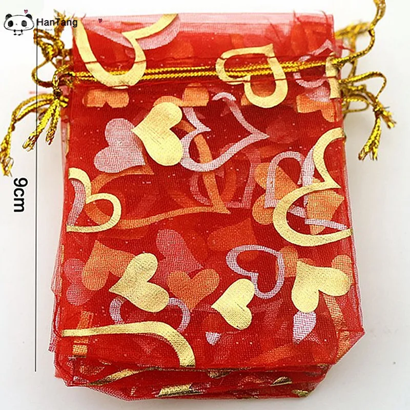 

50Pcs/lot 7X9cm 9X12cm 11X16cm 13X18cm Gold/Silver Love Heart Organza Bag Wedding Voile Gift Christmas Bags Jewelry Packing