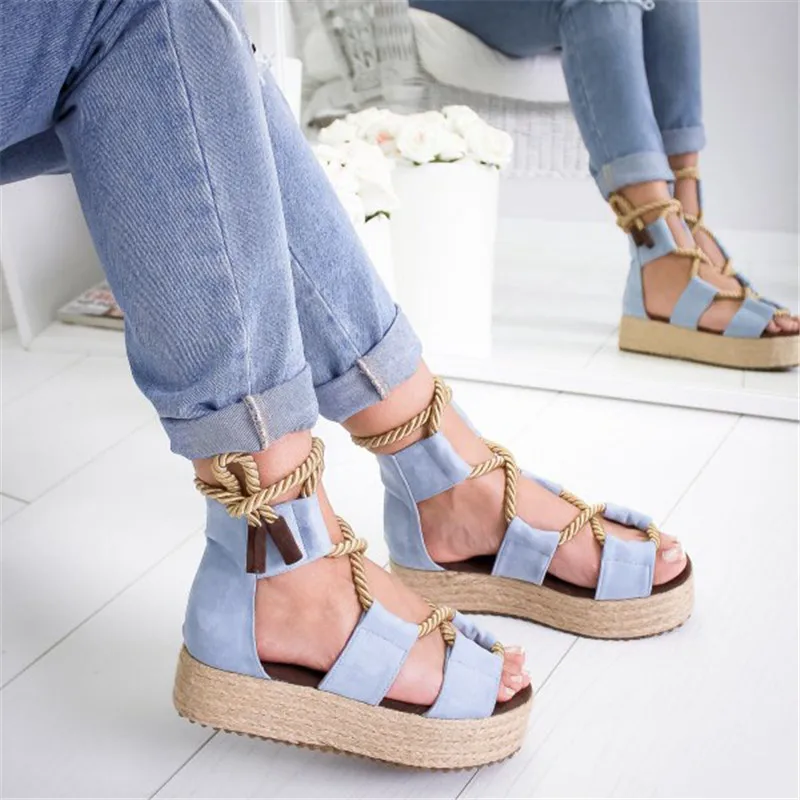 

Women New Sandals Ankle Strap Platform Peep Toe Lace Up Sandals Shoes Summer Beach Boho Sexy Rome Sandals Shoes 2019