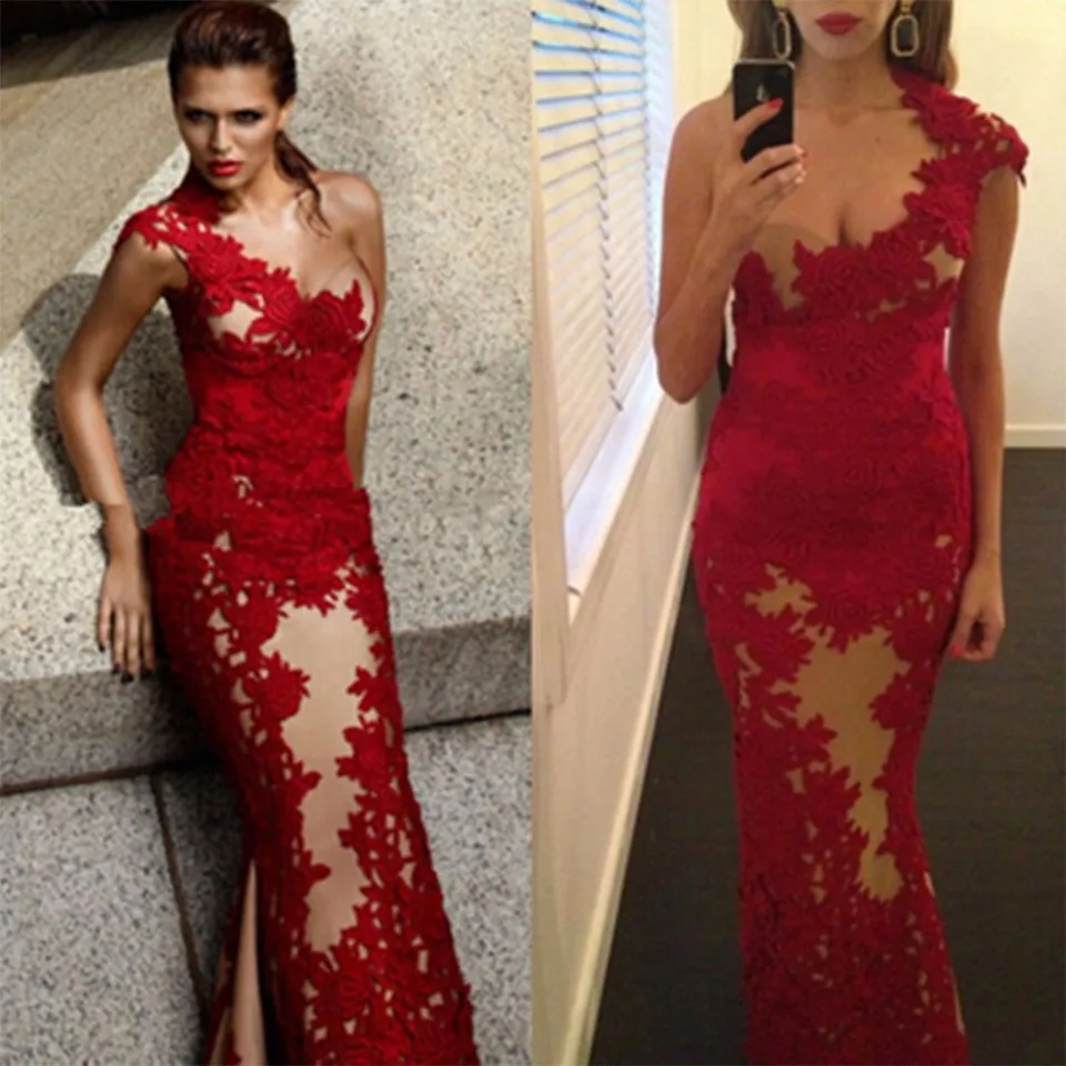 One shoulder red lace prom dresses 2017 One shoulder red lace prom dresses 2017