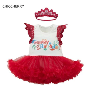 

Happy Birthday Red Baby Girl Clothes Lace Petti Romper Dress Headband Two Piece Set Infant Clothing Toddler Birthday Outfits