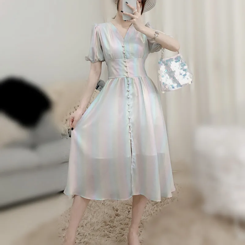 

2019 Summer Women Short Sleeve Gradient Dresses Lady Vintage Button Closed Long Dreses Female Shiny Laser Dress short sleeve