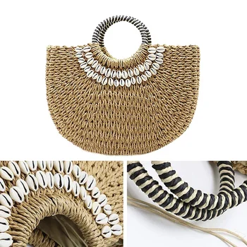 

LJL-Shell Moon Bag Straw Bag Women'S Straw Bag Handmade Woven Basket Wicker Summer Grass Bags Drawstring Of Totes