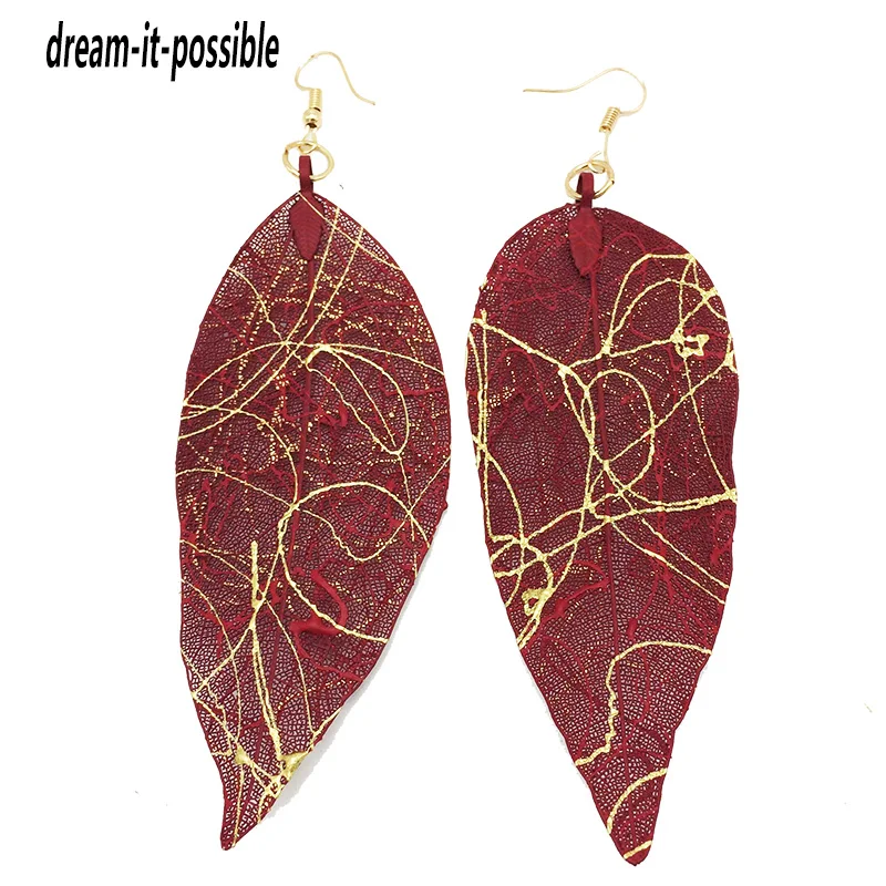 

Dream-it-possible wine red color Unique trendy drawbench Natural Real Leaf Big Boho Earrings For Women Fashion Long Earrings